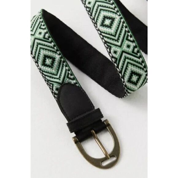 Free People Women\'s Sz M/L Moving to Mars Cotton Leather Belt Green & Black